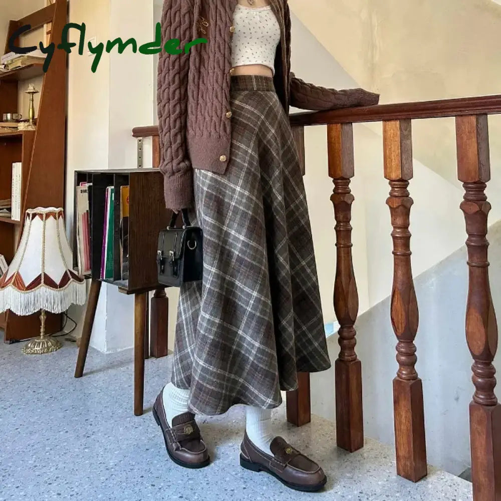 Cyflymder outfit inspo winter Women’s Vintage Plaid Skirt Woolen A- Line Long Dress Coffee Color Slimming Semi-Straight