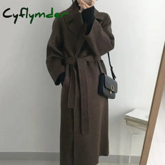 Cyflymder Overcoat Long Wool Coat Jacket Women Autumn Winter Lapel Topcoat Waistband Solid Color