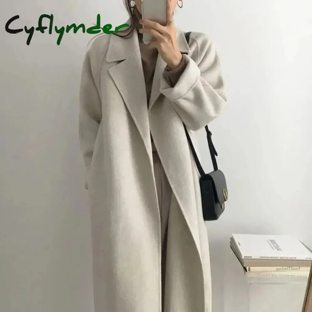 Cyflymder Overcoat Long Wool Coat Jacket Women Autumn Winter Lapel Topcoat Waistband Solid Color