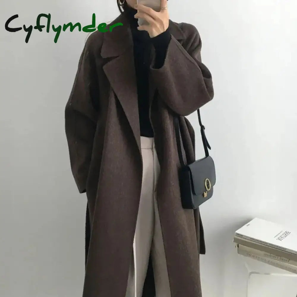 Cyflymder Overcoat Long Wool Coat Jacket Women Autumn Winter Lapel Topcoat Waistband Solid Color