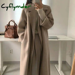 Cyflymder Overcoat Long Wool Coat Jacket Women Autumn Winter Lapel Topcoat Waistband Solid Color