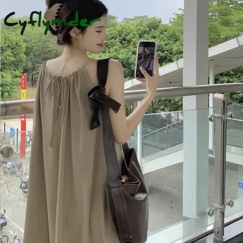 Cyflymder Oversized Women Clothing Fashion Lacing Solid Color Square Collar Slip Dress Femme Sexy