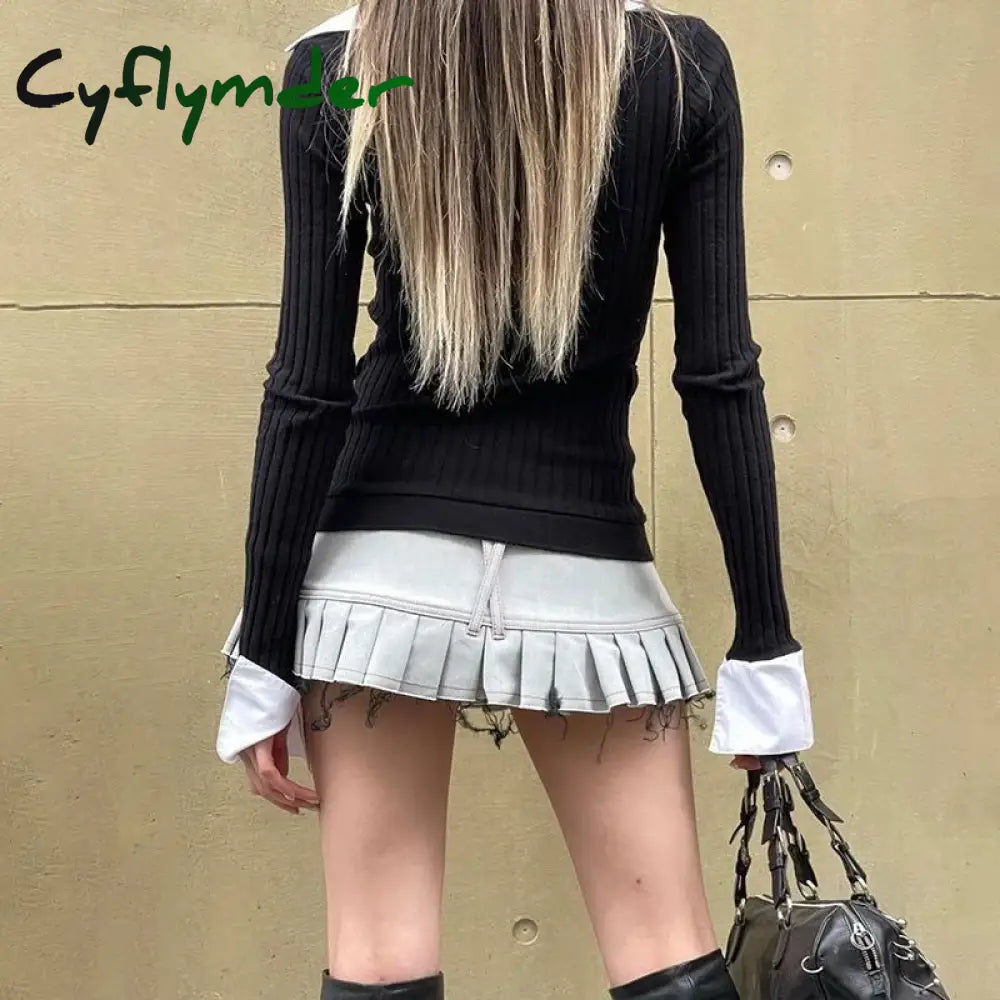 Cyflymder Patchwork Fake Two-Piece T-Shirt Vintage Stitched Streetwear Top Women Y2K Full Sleeve