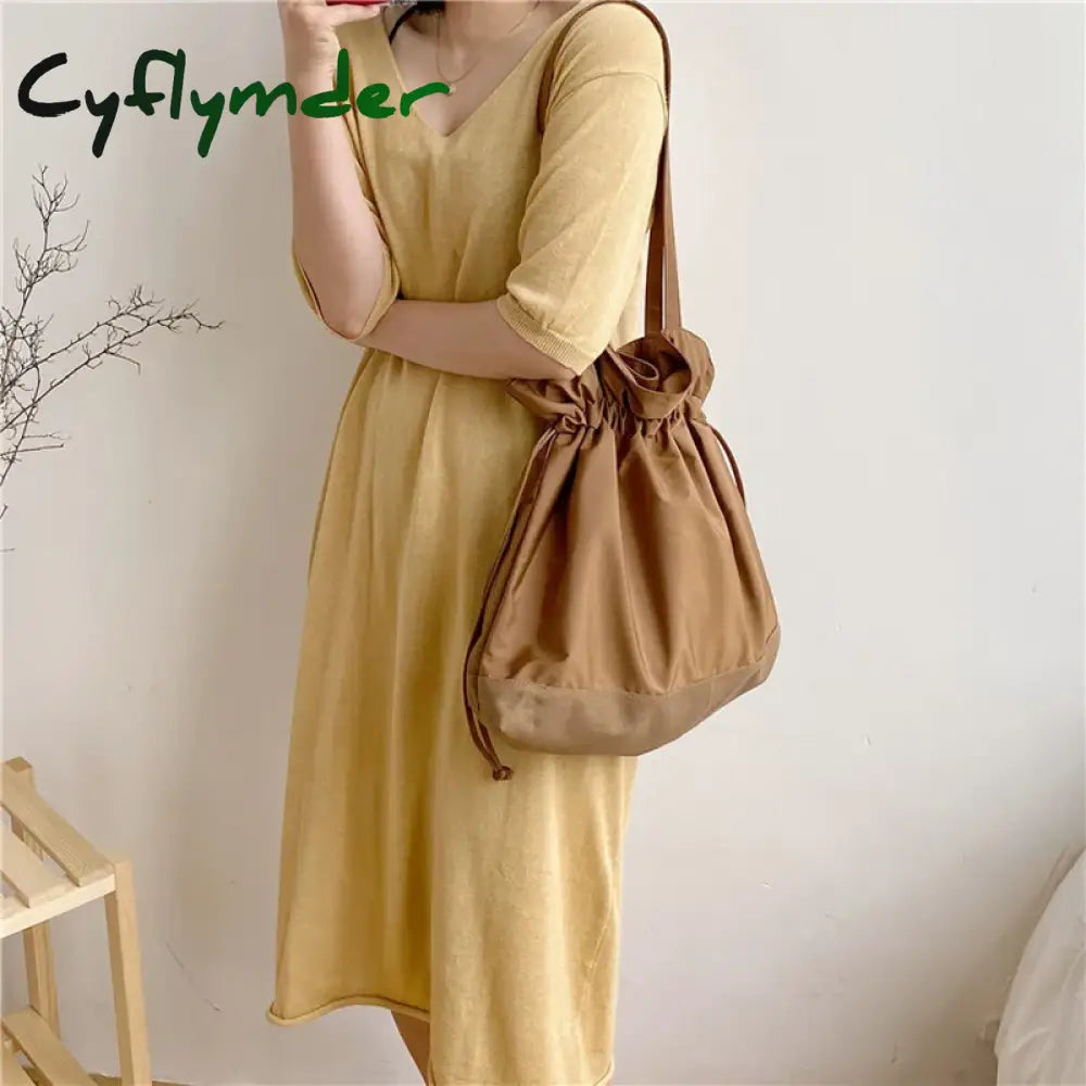 Cyflymder Patchwork Women Canvas Shoulder Bags Large Capacity Ruched Drawstring Design Cloth