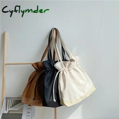 Cyflymder Patchwork Women Canvas Shoulder Bags Large Capacity Ruched Drawstring Design Cloth