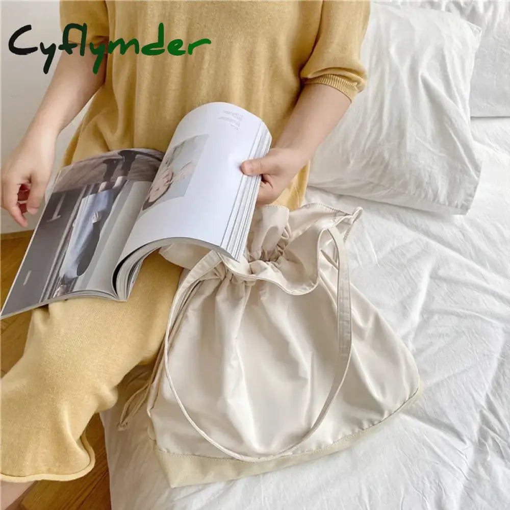 Cyflymder Patchwork Women Canvas Shoulder Bags Large Capacity Ruched Drawstring Design Cloth