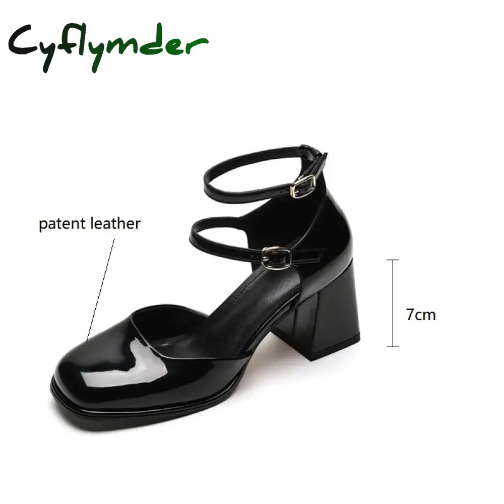 Cyflymder Patent Leather Summer Sandals Shoes For Women Cover Toe French Square Chunky Heel Zapatos