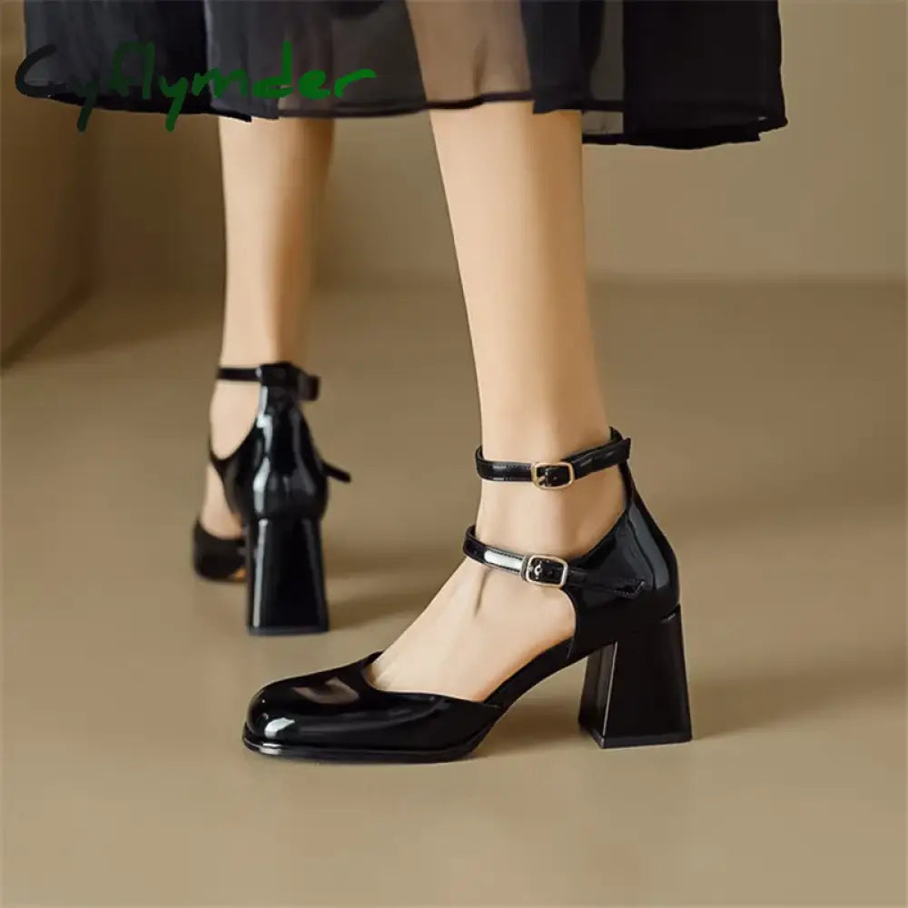 Cyflymder Patent Leather Summer Sandals Shoes For Women Cover Toe French Square Chunky Heel Zapatos