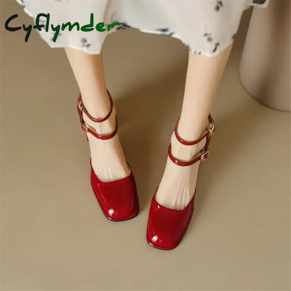 Cyflymder Patent Leather Summer Sandals Shoes For Women Cover Toe French Square Chunky Heel Zapatos