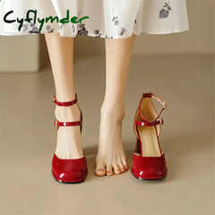 Cyflymder Patent Leather Summer Sandals Shoes For Women Cover Toe French Square Chunky Heel Zapatos