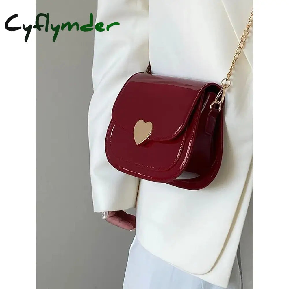 Cyflymder Patent Leather Women’s Love Heart Messenger Bag Retro Red Ladies Small Shoulder Bags