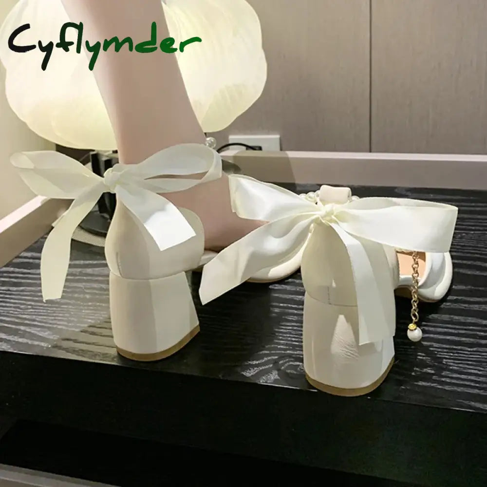 Cyflymder Pearl Ankle Buckle Thick Heel Pumps Women Back Bowtie Lace Up Mary Jane Shoes Woman Autumn Platform High