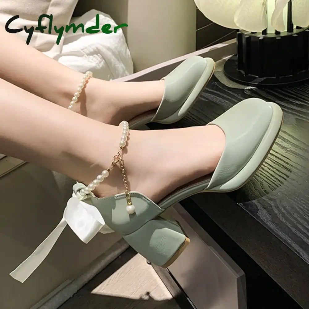 Cyflymder Pearl Ankle Buckle Thick Heel Pumps Women Back Bowtie Lace Up Mary Jane Shoes Woman Autumn Platform High
