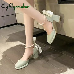 Cyflymder Pearl Ankle Buckle Thick Heel Pumps Women Back Bowtie Lace Up Mary Jane Shoes Woman Autumn Platform High