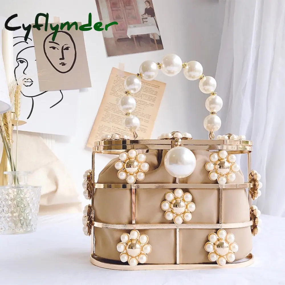 Cyflymder Pearl Basket Evening Clutch Bag Women Famous Brand Hollow Out Flowers Beaded Metallic