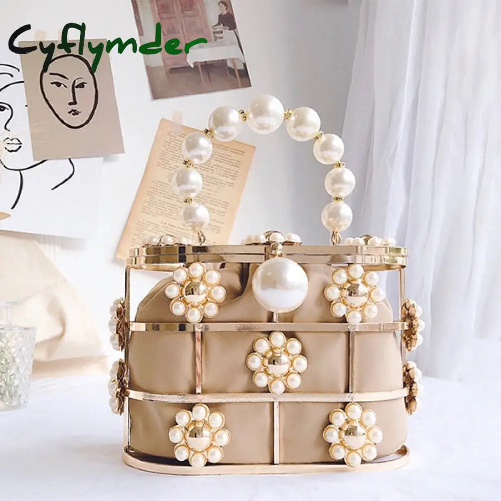 Cyflymder Pearl Basket Evening Clutch Bag Women Famous Brand Hollow Out Flowers Beaded Metallic