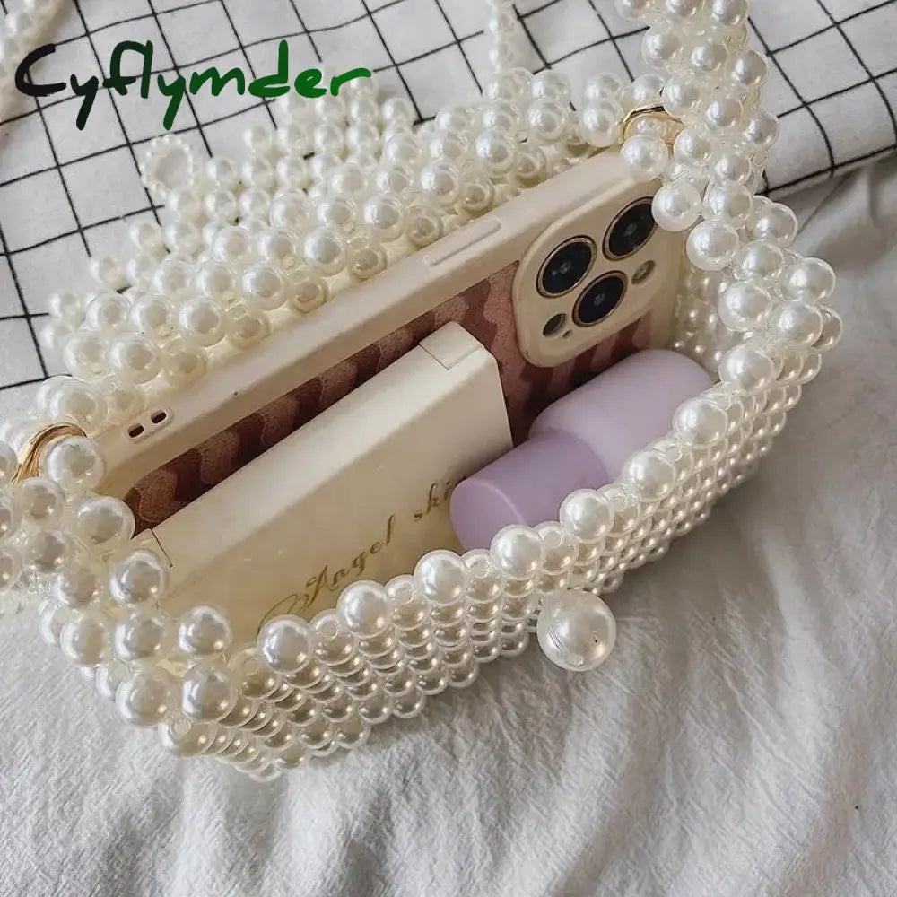 Cyflymder Pearl Crossbody Bags for Women Small Coin Wallet Handbag Handmade Woven Ladies Phone Tote Hand Shoulder Bag