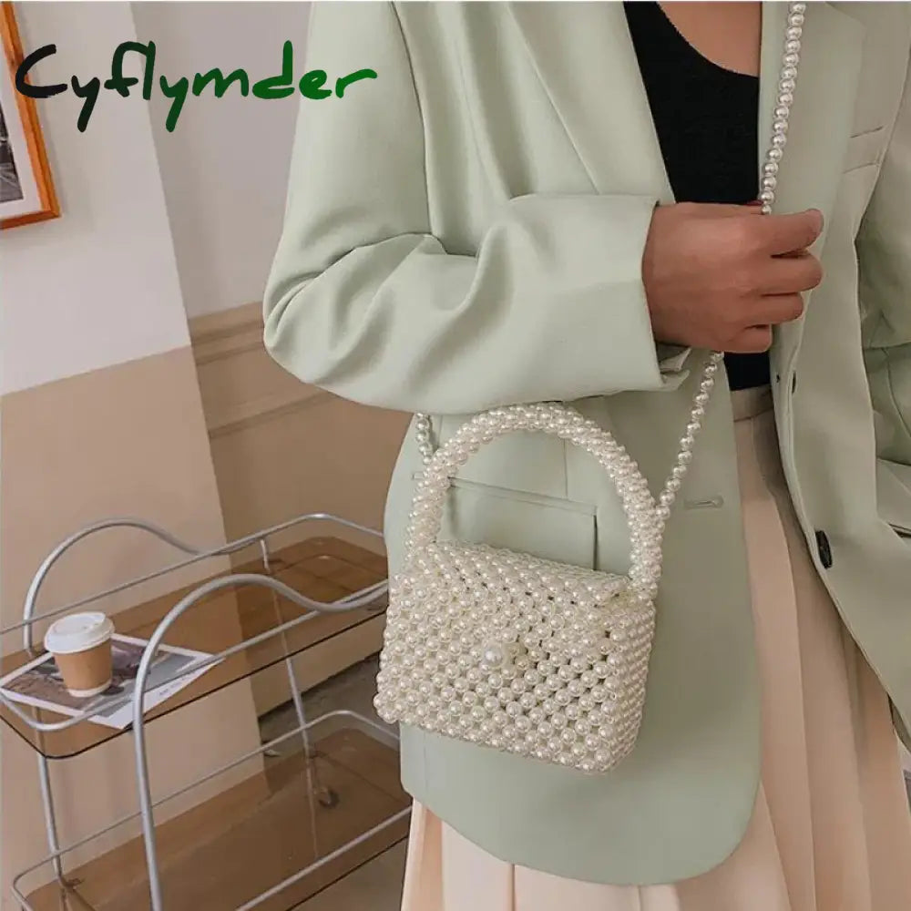 Cyflymder Pearl Crossbody Bags for Women Small Coin Wallet Handbag Handmade Woven Ladies Phone Tote Hand Shoulder Bag