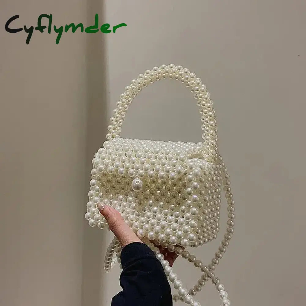 Cyflymder Pearl Crossbody Bags for Women Small Coin Wallet Handbag Handmade Woven Ladies Phone Tote Hand Shoulder Bag