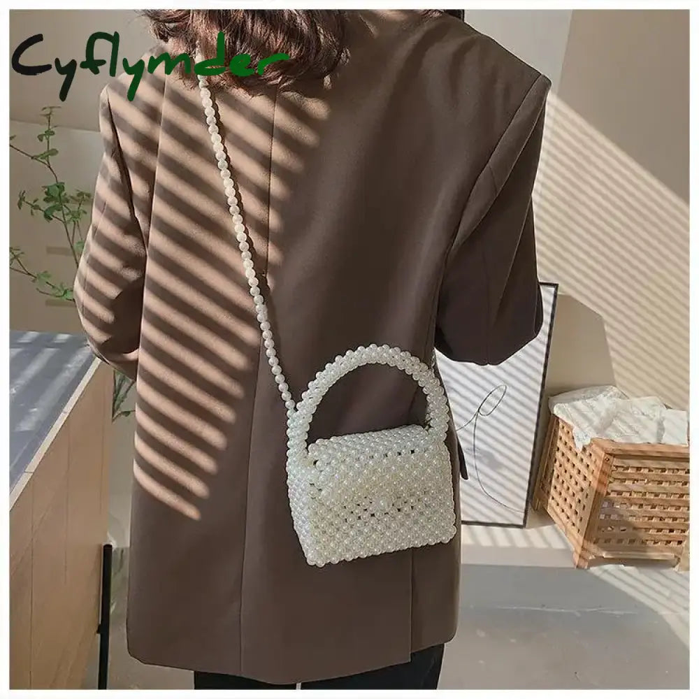 Cyflymder Pearl Crossbody Bags for Women Small Coin Wallet Handbag Handmade Woven Ladies Phone Tote Hand Shoulder Bag