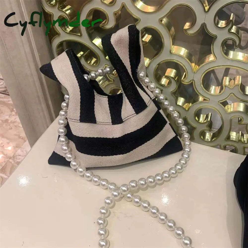 Cyflymder Pearl Striped Canvas Handbag Women Cute Shoulder Bag Mini Student Diagonal Beaded Chain
