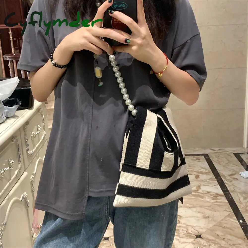 Cyflymder Pearl Striped Canvas Handbag Women Cute Shoulder Bag Mini Student Diagonal Beaded Chain
