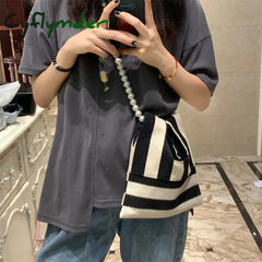 Cyflymder Pearl Striped Canvas Handbag Women Cute Shoulder Bag Mini Student Diagonal Beaded Chain