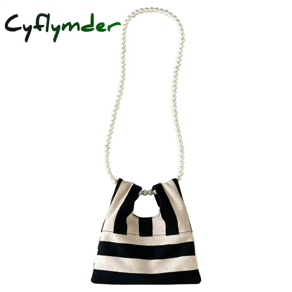 Cyflymder Pearl Striped Canvas Handbag Women Cute Shoulder Bag Mini Student Diagonal Beaded Chain