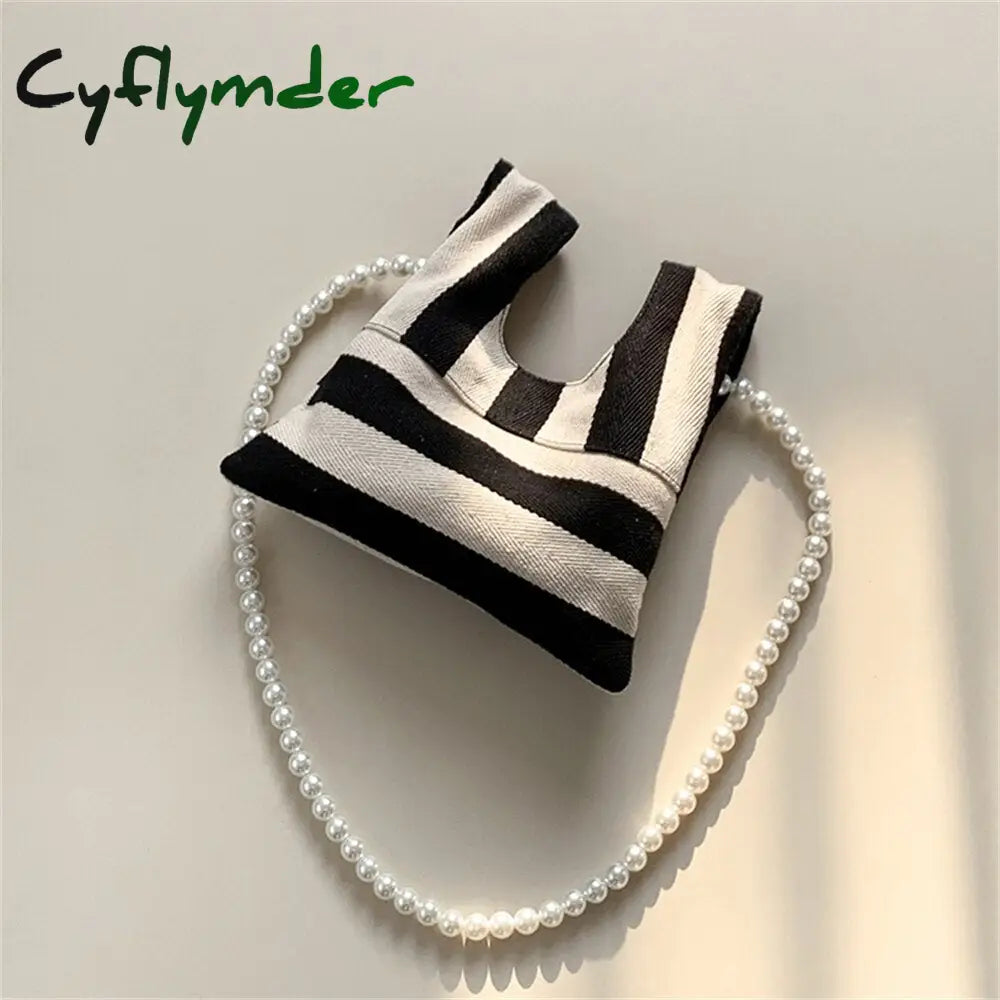 Cyflymder Pearl Striped Canvas Handbag Women Cute Shoulder Bag Mini Student Diagonal Beaded Chain