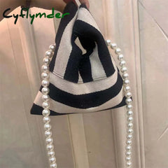 Cyflymder Pearl Striped Canvas Handbag Women Cute Shoulder Bag Mini Student Diagonal Beaded Chain