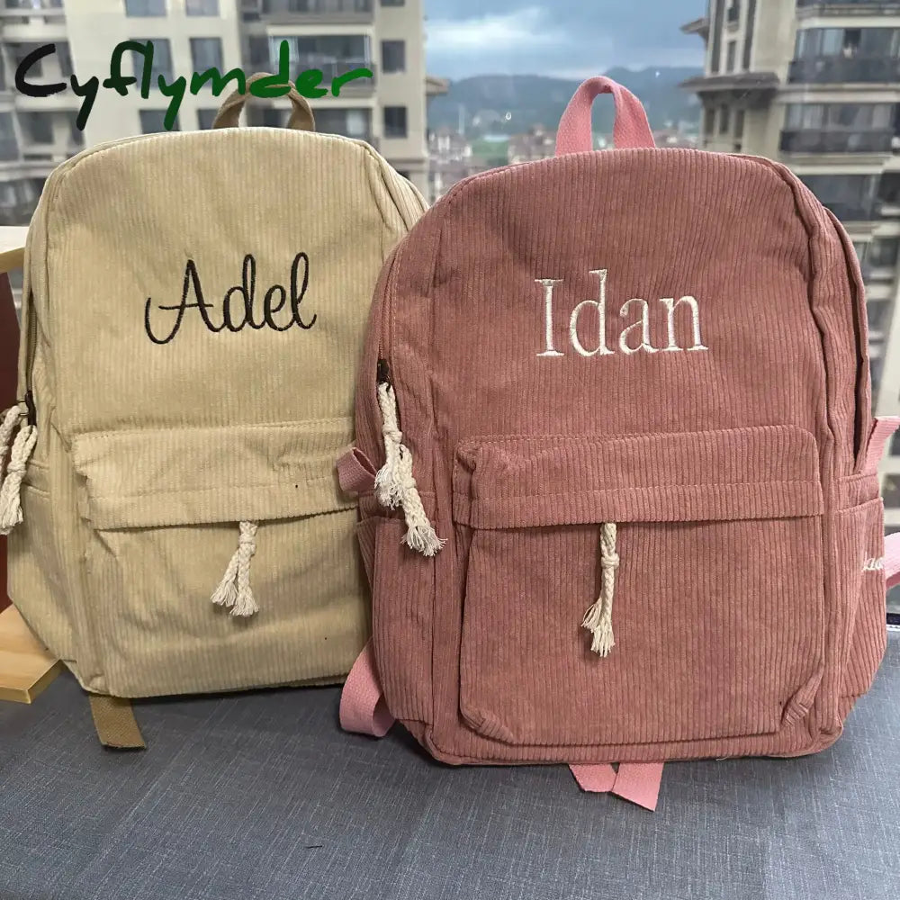 Cyflymder Personalized Kids Backpack Embroidered Corduroy Back To School Kid Name Backpack School