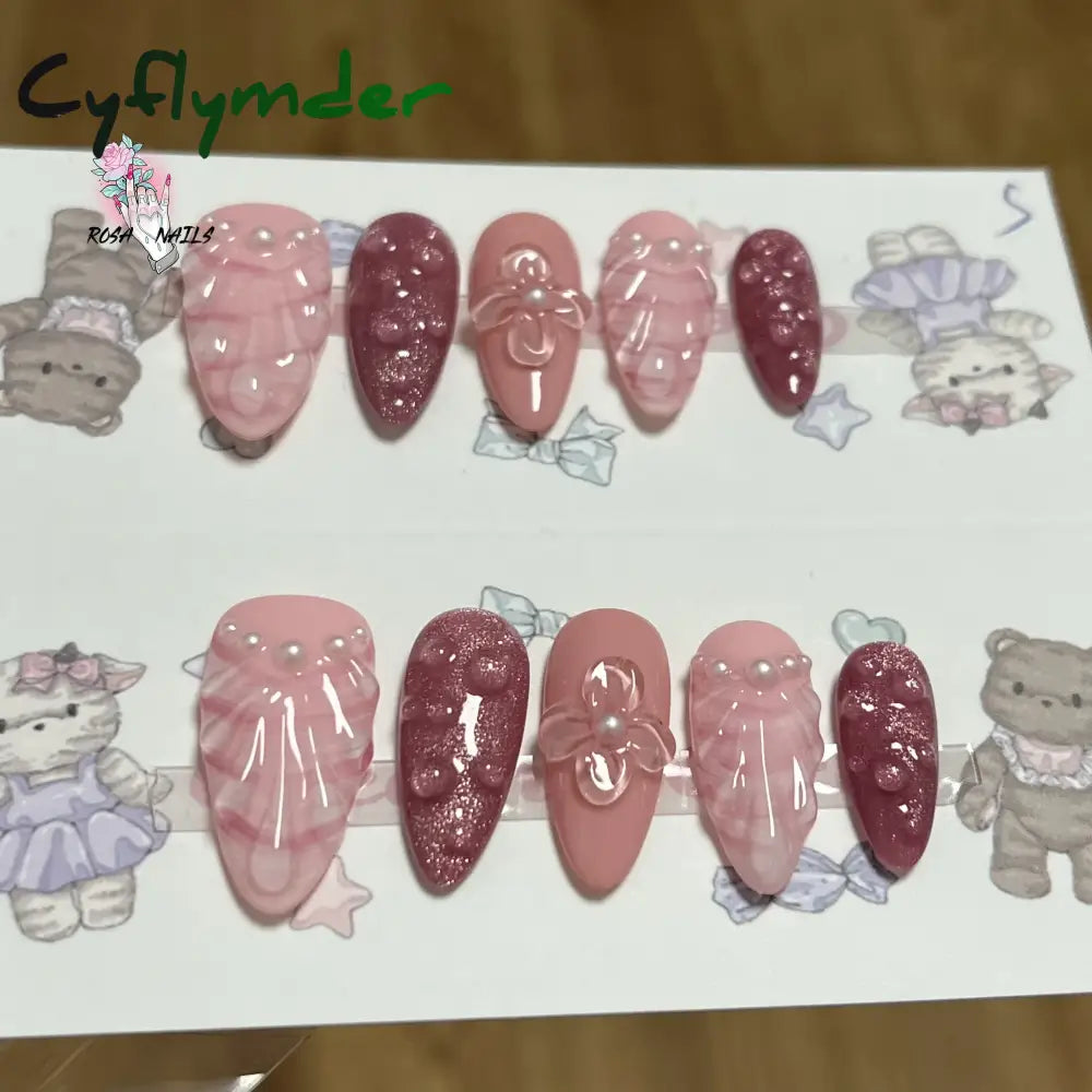 Cyflymder Pink 3D Shell Nail Art Flowers Pressons Tips Cat Eye Seashells Almond Press Ons Spring Autumn Seashell