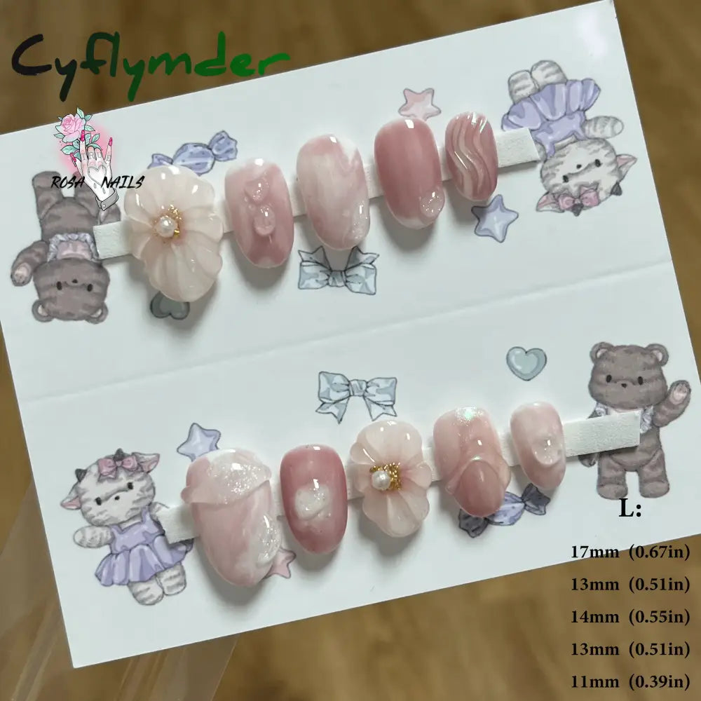 Cyflymder Pink 3D Shell Nail Art Flowers Pressons Tips Cat Eye Seashells Almond Press Ons Spring Autumn Seashell