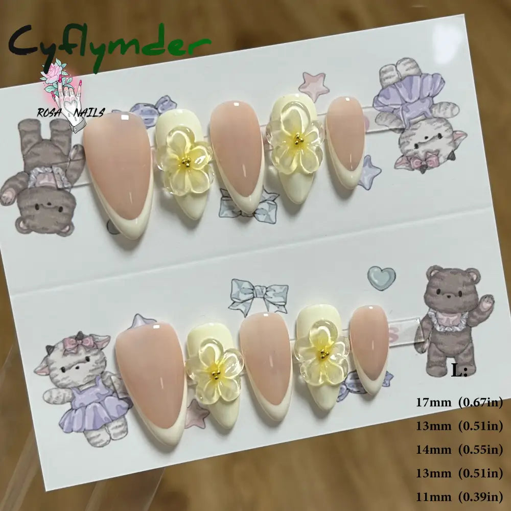 Cyflymder Pink 3D Shell Nail Art Flowers Pressons Tips Cat Eye Seashells Almond Press Ons Spring Autumn Seashell