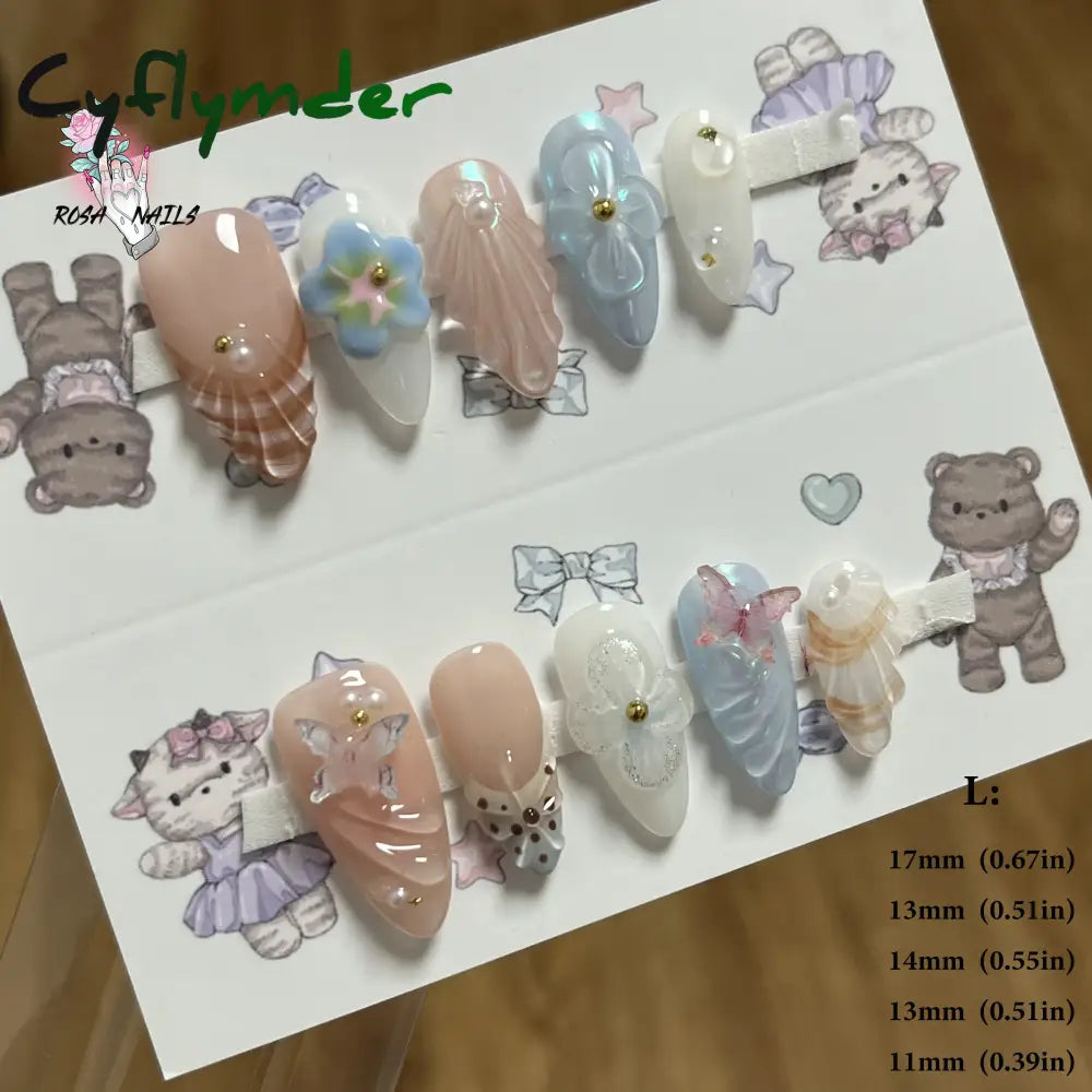 Cyflymder Pink 3D Shell Nail Art Flowers Pressons Tips Cat Eye Seashells Almond Press Ons Spring Autumn Seashell