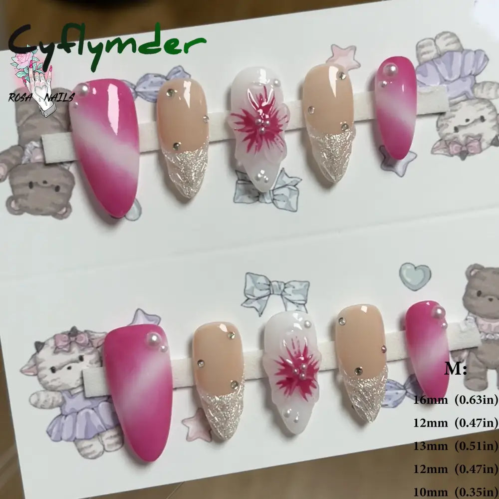 Cyflymder Pink 3D Shell Nail Art Flowers Pressons Tips Cat Eye Seashells Almond Press Ons Spring Autumn Seashell