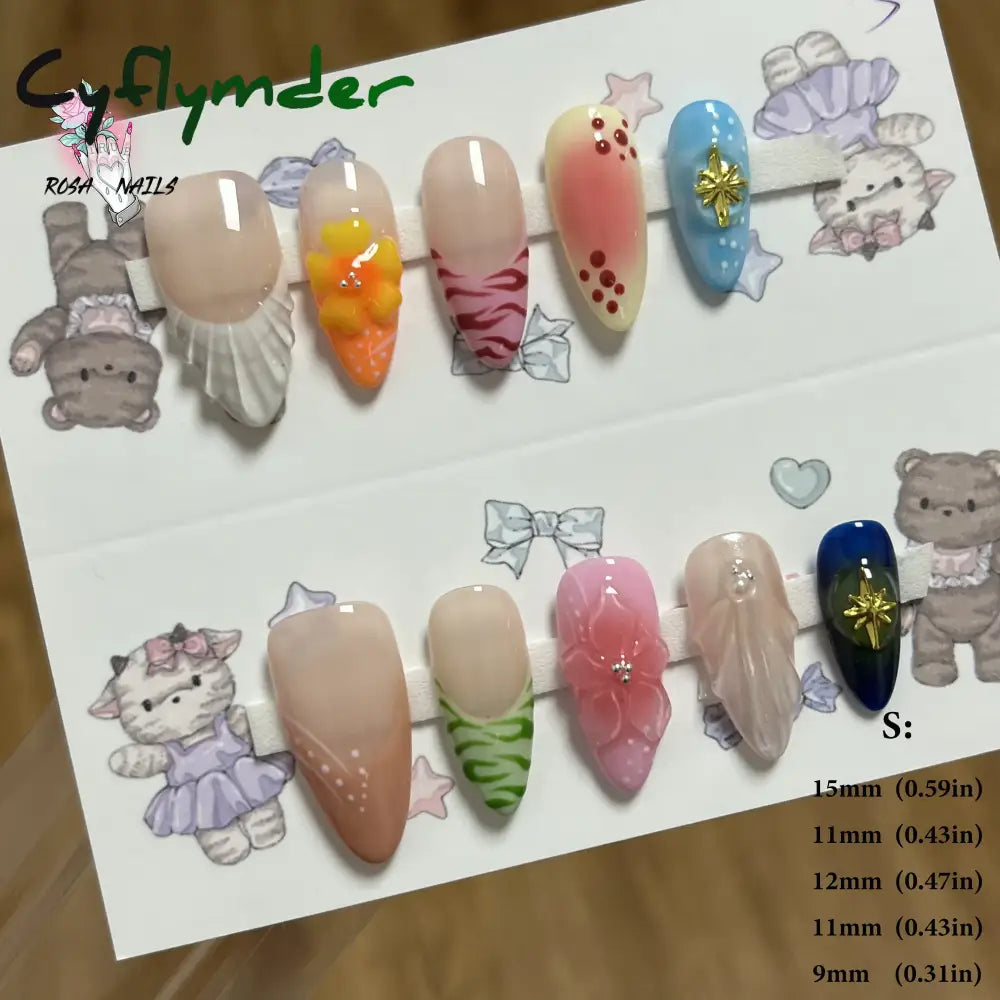 Cyflymder Pink 3D Shell Nail Art Flowers Pressons Tips Cat Eye Seashells Almond Press Ons Spring Autumn Seashell