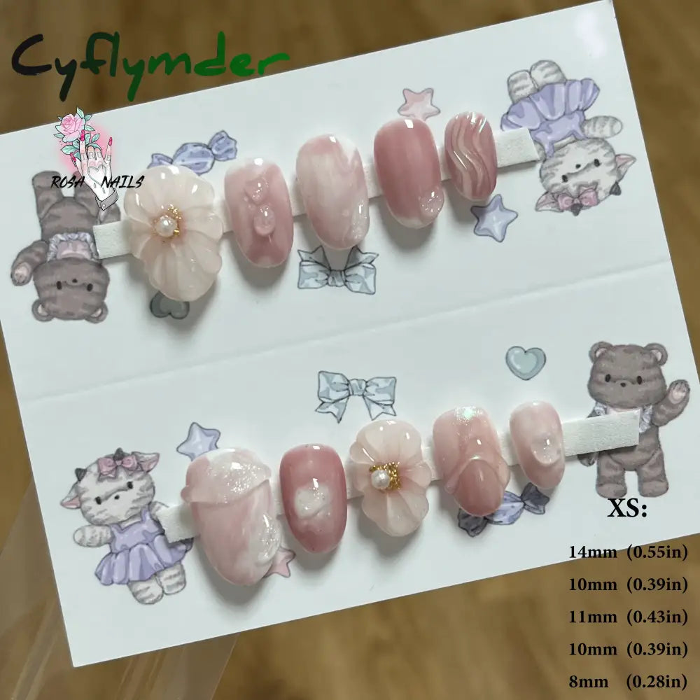 Cyflymder Pink 3D Shell Nail Art Flowers Pressons Tips Cat Eye Seashells Almond Press Ons Spring Autumn Seashell