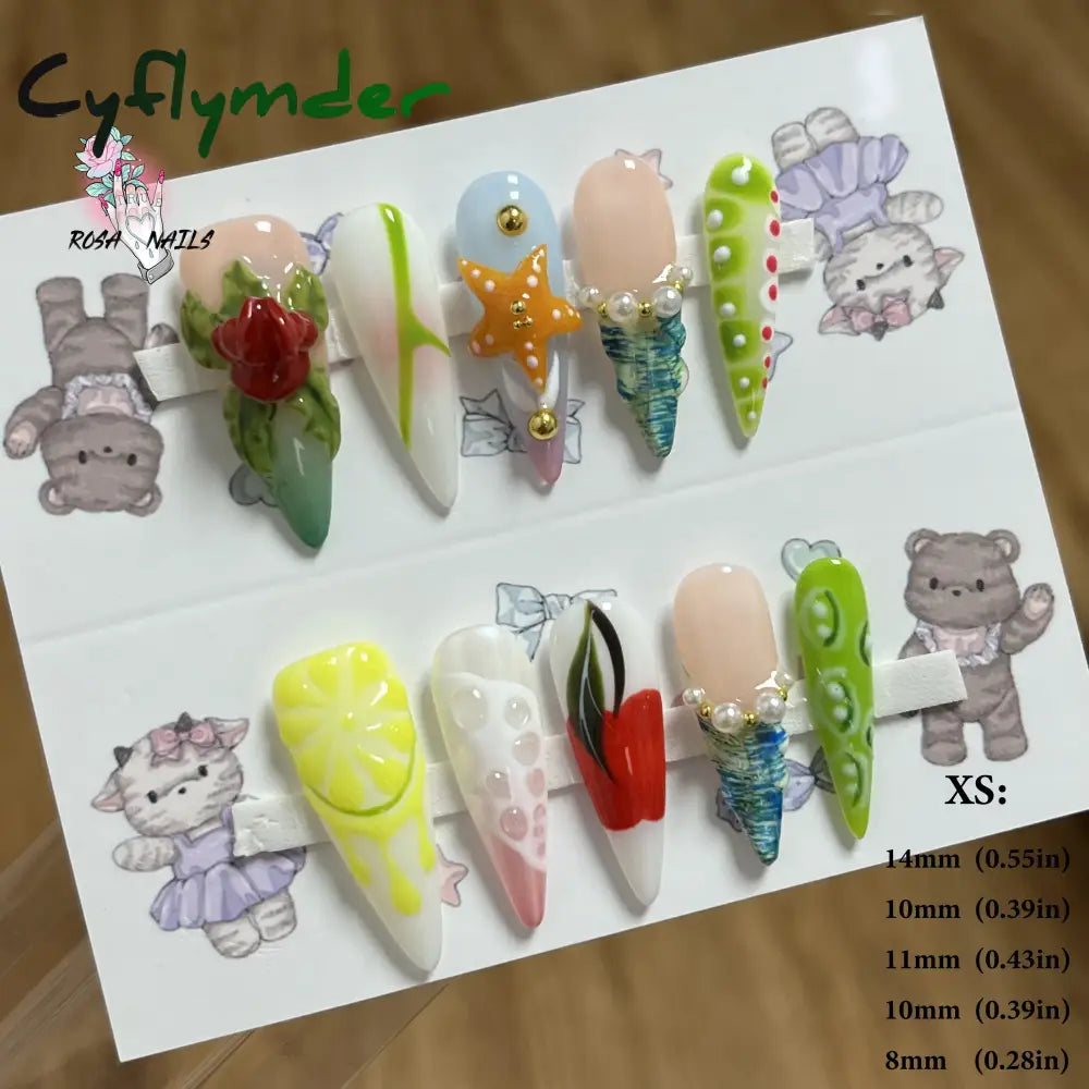 Cyflymder Pink 3D Shell Nail Art Flowers Pressons Tips Cat Eye Seashells Almond Press Ons Spring Autumn Seashell