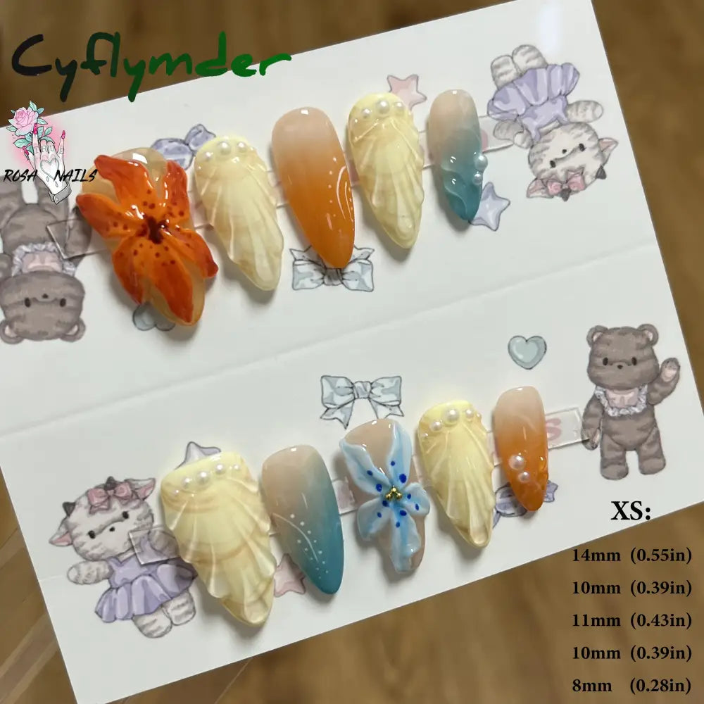 Cyflymder Pink 3D Shell Nail Art Flowers Pressons Tips Cat Eye Seashells Almond Press Ons Spring Autumn Seashell