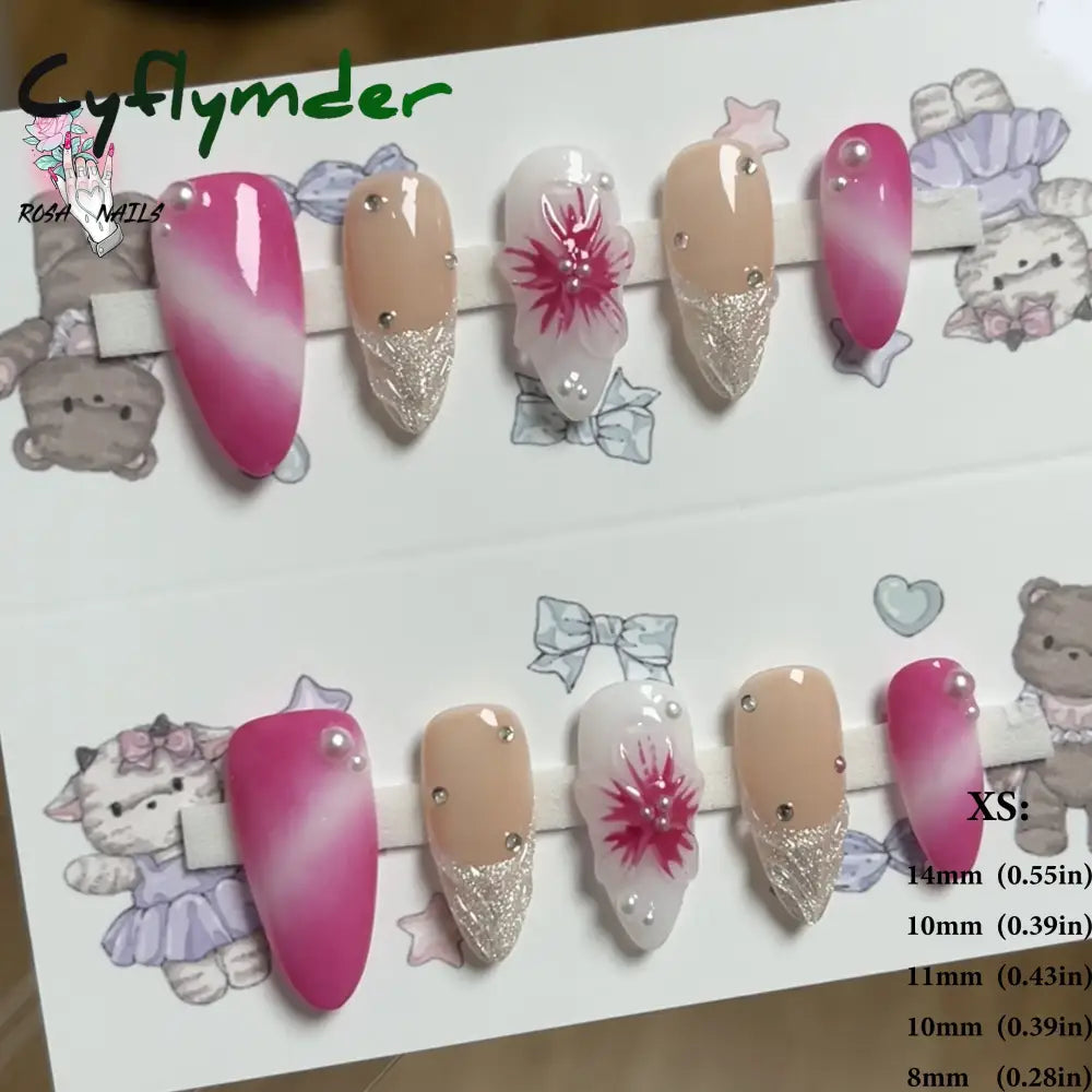 Cyflymder Pink 3D Shell Nail Art Flowers Pressons Tips Cat Eye Seashells Almond Press Ons Spring Autumn Seashell