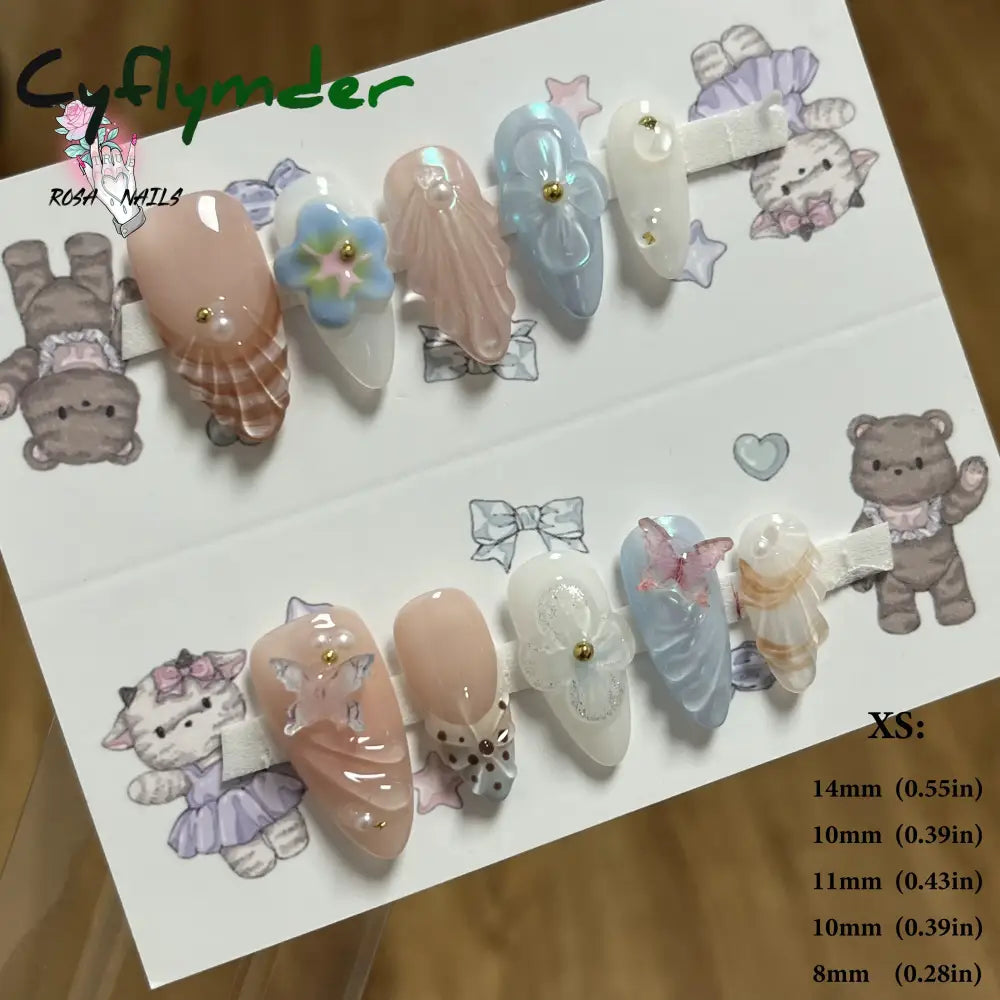Cyflymder Pink 3D Shell Nail Art Flowers Pressons Tips Cat Eye Seashells Almond Press Ons Spring Autumn Seashell