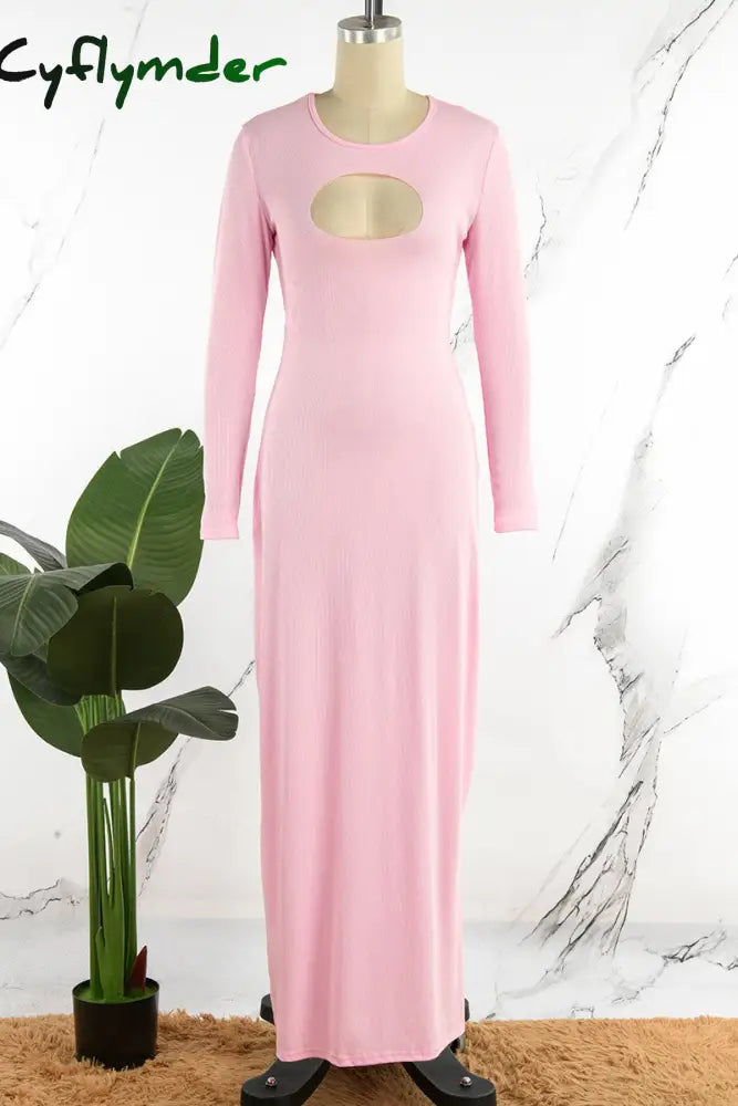 Cyflymder - Pink Casual Hollowed Out O Neck Long Sleeve Dresses