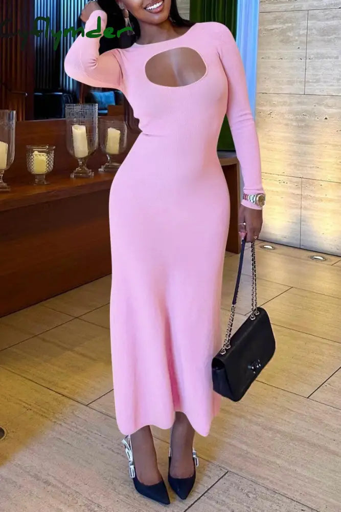 Cyflymder - Pink Casual Hollowed Out O Neck Long Sleeve Dresses