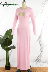 Cyflymder - Pink Casual Hollowed Out O Neck Long Sleeve Dresses