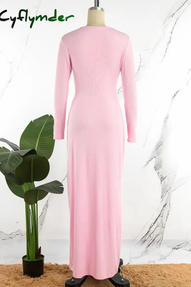 Cyflymder - Pink Casual Hollowed Out O Neck Long Sleeve Dresses