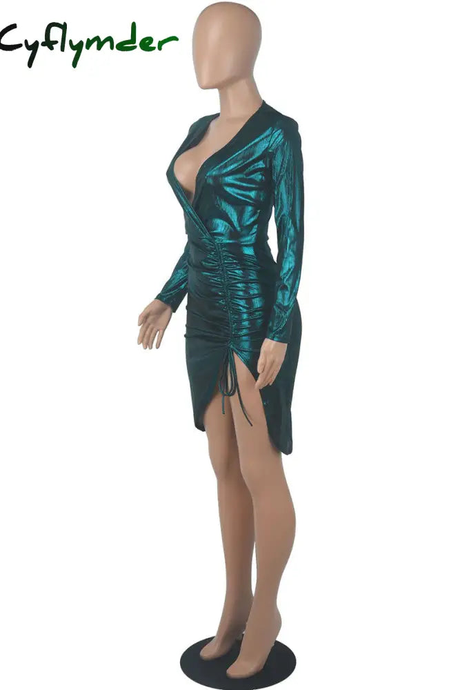 Cyflymder - Pink Fashion Sexy Solid Bandage Draw String V Neck Long Sleeve Dresses