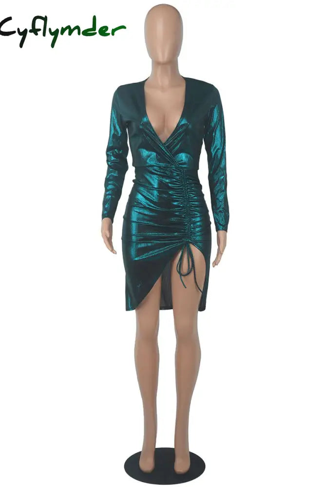 Cyflymder - Pink Fashion Sexy Solid Bandage Draw String V Neck Long Sleeve Dresses