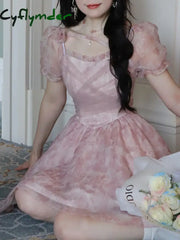 Cyflymder Pink Floral Short Party Dress Sexy Lace Puff Fairy Kawaii Clothing Mini Fashion Birthday