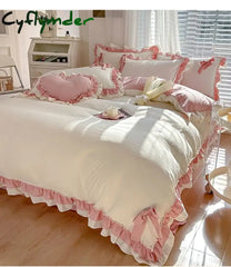 Cyflymder Pink Girl Bedding Set Luxury Princess Ruffle Bow Bed Linen Thicken Warm Washed Cotton Quilt Cover Sheet